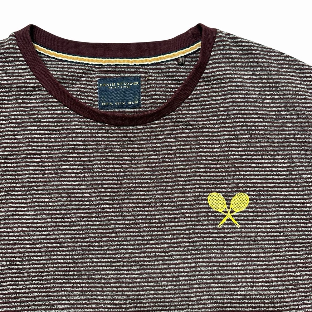 Denim & Flower Ricky‎ Singh XL Burgundy Stripe Tee Tennis Logo